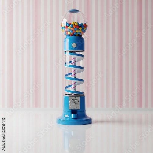 Vibrant blue gumball machine with a spiral slide stands against pink striped wallpaper, filled with colorful candies to offer a nostalgic yet modern treat, perfect for fun and playful designs now