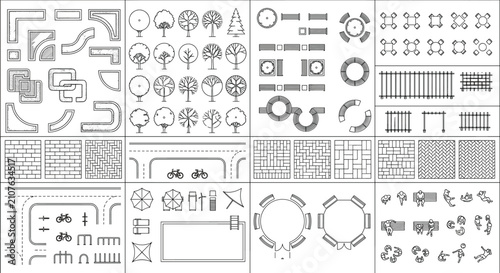 Isometric Landscape Architecture CAD Blocks Vector Collection with Trees Pathways Walls Fences Benches and Urban Planning Elements