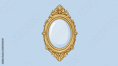 A vintage ornate gold frame oval mirror isolated on blue background. Classic luxury home decor for interior design.
