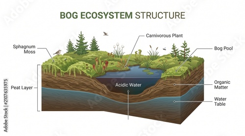Educational diagram of a bog ecosystem structure showing peat layer, acidic water, sphagnum moss, and water table