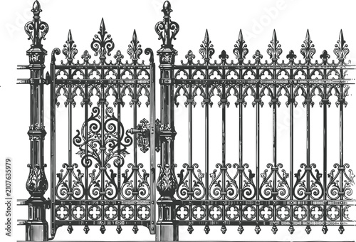 Foto Ornate wrought iron gate in an engraving style with vintage Halloween motifs and