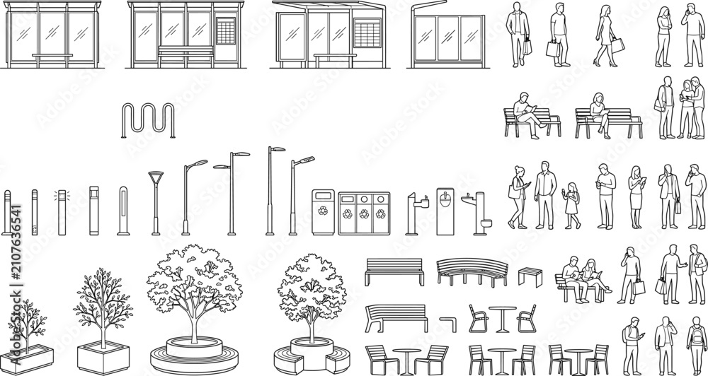 Obraz premium Isometric Urban Street Furniture and Public Space Elements CAD Vector Set with Bus Stops Benches Trees Lighting and People