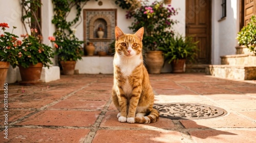 Elegant ginger tabby cat sitting peacefully on a sunny Mediterranean terracotta patio surrounded by lush green plants and vibrant flowers in rustic