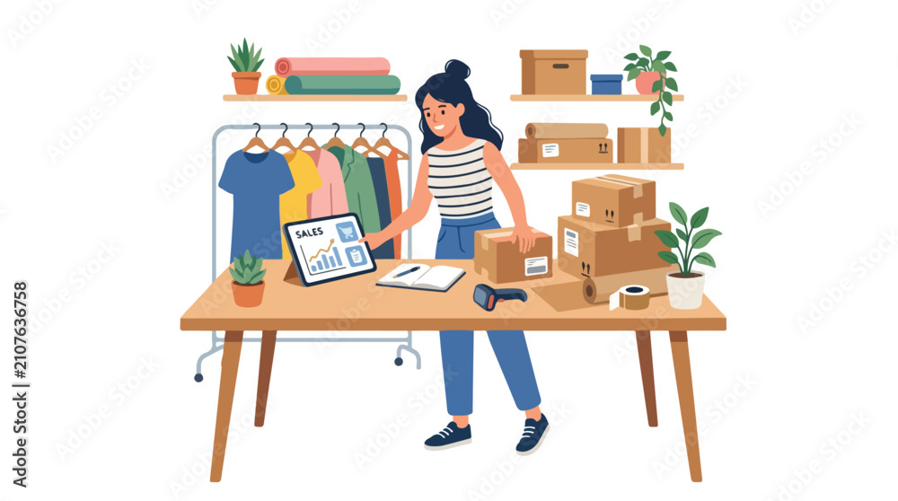 Fototapeta premium An entrepreneur manages her online clothing store, tracking sales data on a tablet while packing shipping boxes in her home office workspace.