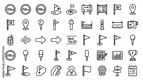 Fotografie Golf Tournament and Club Championship Line Art Icon Set with Flag Tee Hole Map P