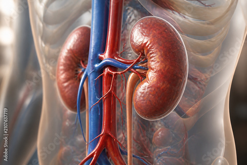 A detailed anatomical illustration of the human kidneys and associated blood vessels.