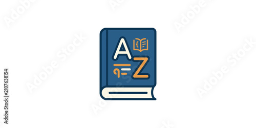 Illustrated dictionary book icon featuring alphabetical letters A to Z.