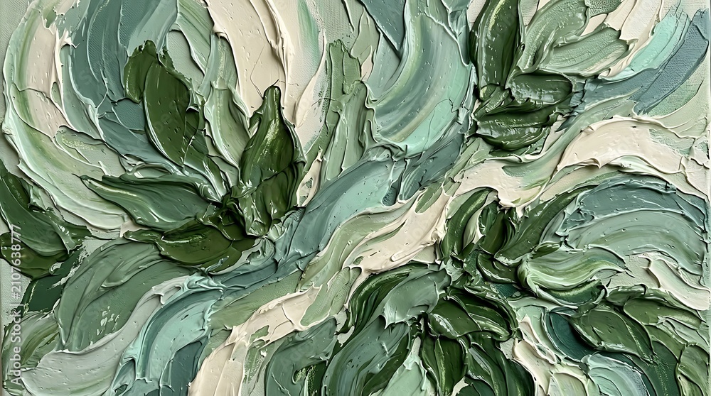 Obraz premium Abstract forest painting textured green and white palette knife art