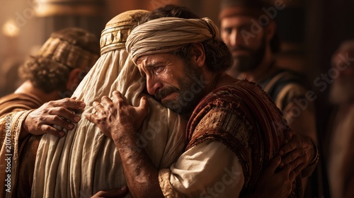 Joseph embracing his brothers after revealing his identity in the Egyptian palace.