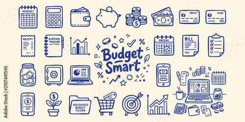 Finance doodles with budget smart concept in a hand drawn style against a light background