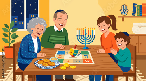 Bild auf Leinwand Happy Hanukkah family playing dreidel with menorah and sufganiyot on table