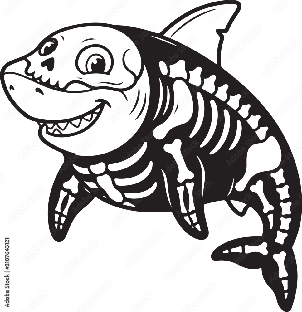Fototapeta premium Cute shark skeleton illustration. Funny cartoon fish with bones for Halloween design., Generative Ai