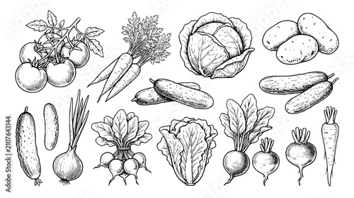Фотография Hand Drawn Vintage Vegetable Sketch Illustration Set with Tomato Vine Carrot Cab