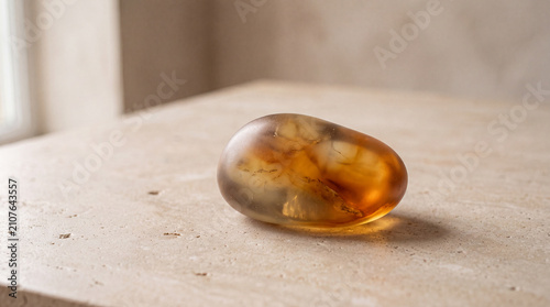 Translucent Amber Resin Pebble on Warm Stone Surface
