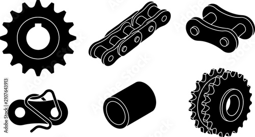 Mechanical Chain and Sprocket Drive System Vector Icon Set Featuring Roller Chain Links Connecting Joint Master Link and Double Sprocket Components