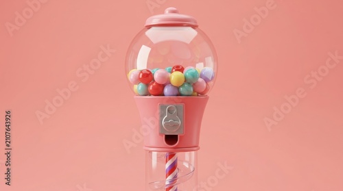 Vintage style pink gumball machine filled with colorful round candies stands centered against a soft pastel pink background, offering a nostalgic and playful aesthetic for various creative