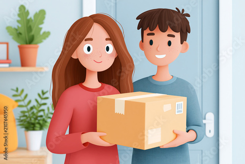 Young couple smiles, holding a delivery box together. Room interior features plants and soft colors. Their expressions show happy anticipation and teamwork. Ideal for home delivery, e-commerce