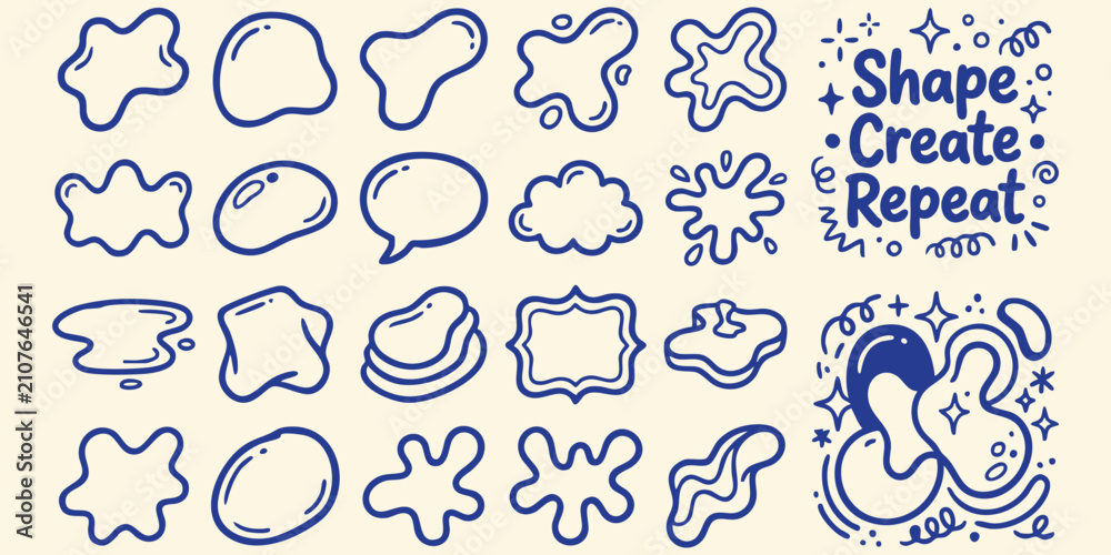 Fototapeta premium Organic blob shapes and speech bubbles with 'Shape Create Repeat' text in a playful doodle style on a cream background
