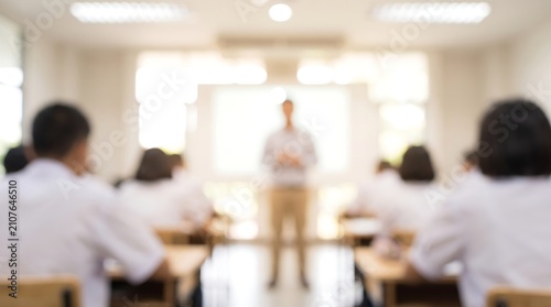 Blurred teacher standing in front of students in classroom during university lecture for academic success and education concepts in professional training or teaching environments