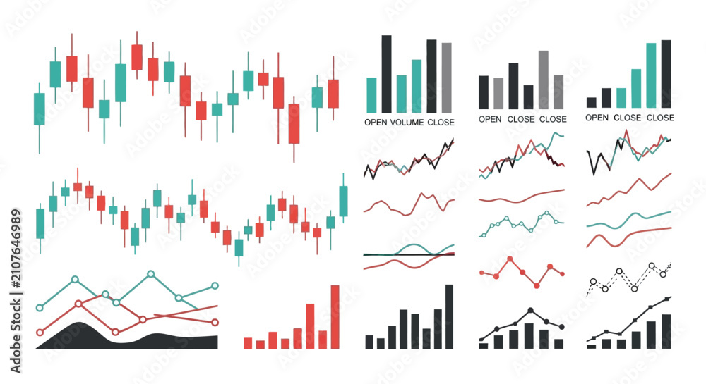 Obraz premium Financial Market Data: Candlestick Charts, Bar Graphs, Line Graphs