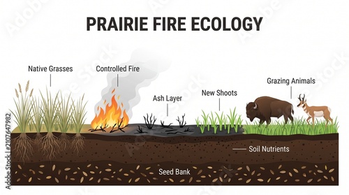 Educational infographic illustrating the ecological impact of prairie fires, showing grass, controlled fire, ash layer, new shoots, and grazing animals like bison