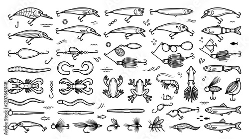 Foto Fishing Lures and Tackle Line Art Icon Collection with Crankbait Minnow Spinnerb