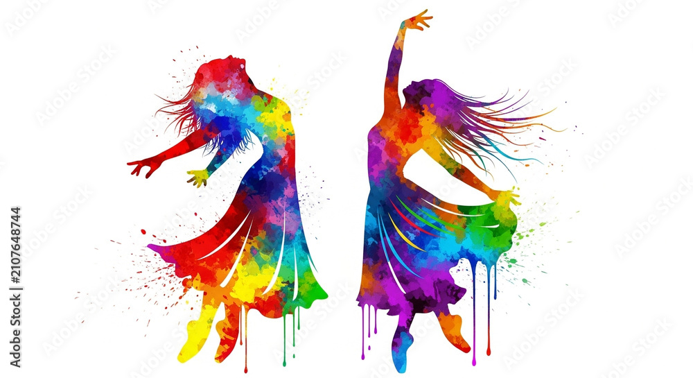 Obraz premium Watercolor dancing women silhouettes. Colorful artistic female dancers in motion.