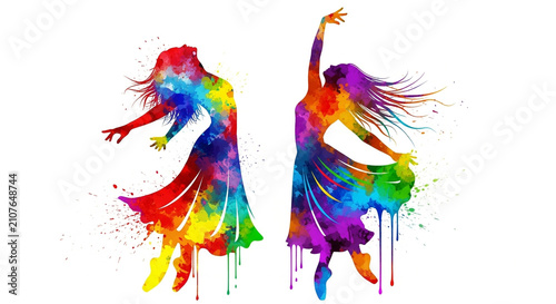 Watercolor dancing women silhouettes. Colorful artistic female dancers in motion.