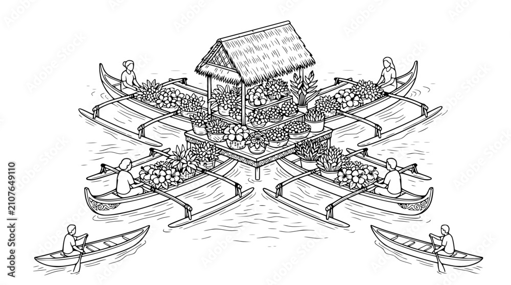 Fototapeta premium Floating Flower Market Scene with Boats and Vendor Hut
