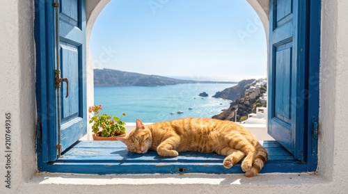 Ginger tabby cat sleeping peacefully on a bright blue wooden window sill in Santorini Oia Greece with a stunning panoramic view of the Mediterranean