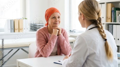 Smiling cancer patient wearing an orange headscarf sits at a medical desk and looks hopefully at her female doctor during a consultation in a bright clinic, representing support and recovery progress.