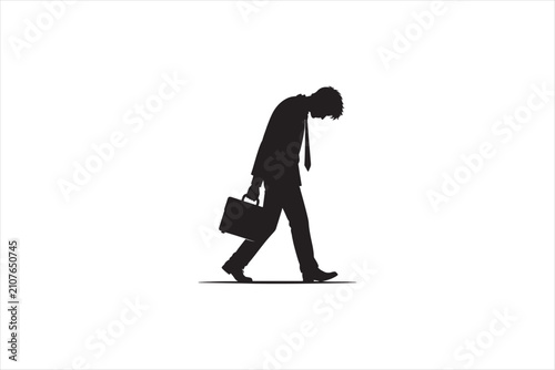 Fotografie Silhouette of a tired businessman walking with a briefcase, symbolizing stress, burnout, fatigue, work pressure, career challenges, and emotional exhaustion