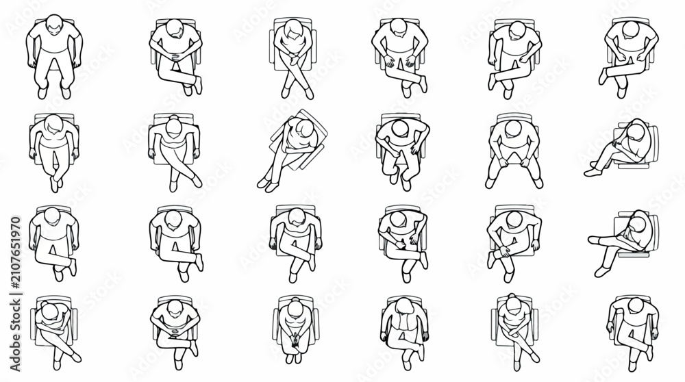 Fototapeta premium Architectural top view people sitting set, 24 outline vector figures for floor plans, minimalist overhead human silhouettes in chairs isolated PNG with Transparent Background