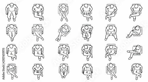 Architectural top view people sitting set, 24 outline vector figures for floor plans, minimalist overhead human silhouettes in chairs isolated PNG with Transparent Background