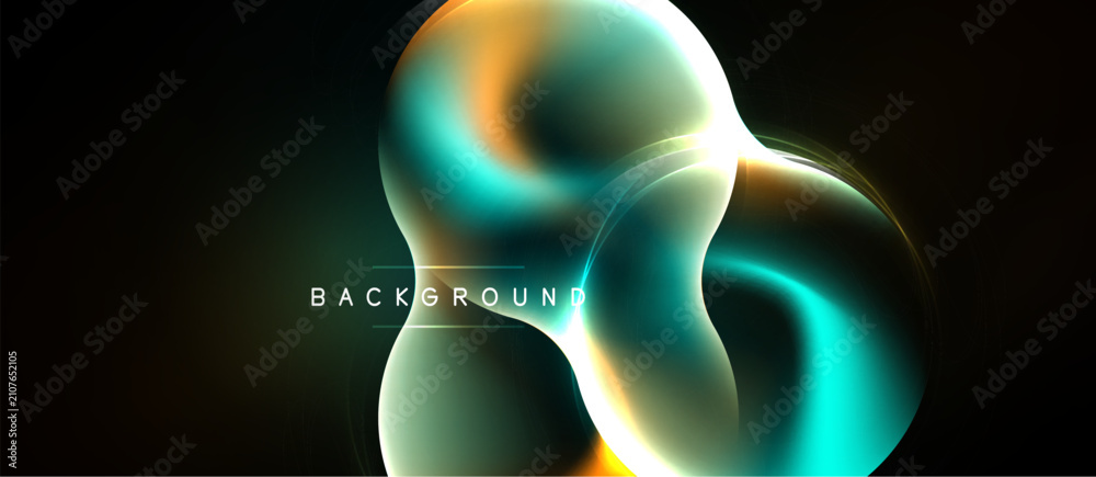 Naklejka premium Abstract fluid shapes, vibrant colors, dark background. Modern design, glowing effects, dynamic composition. Smooth gradients, elegant presentation.