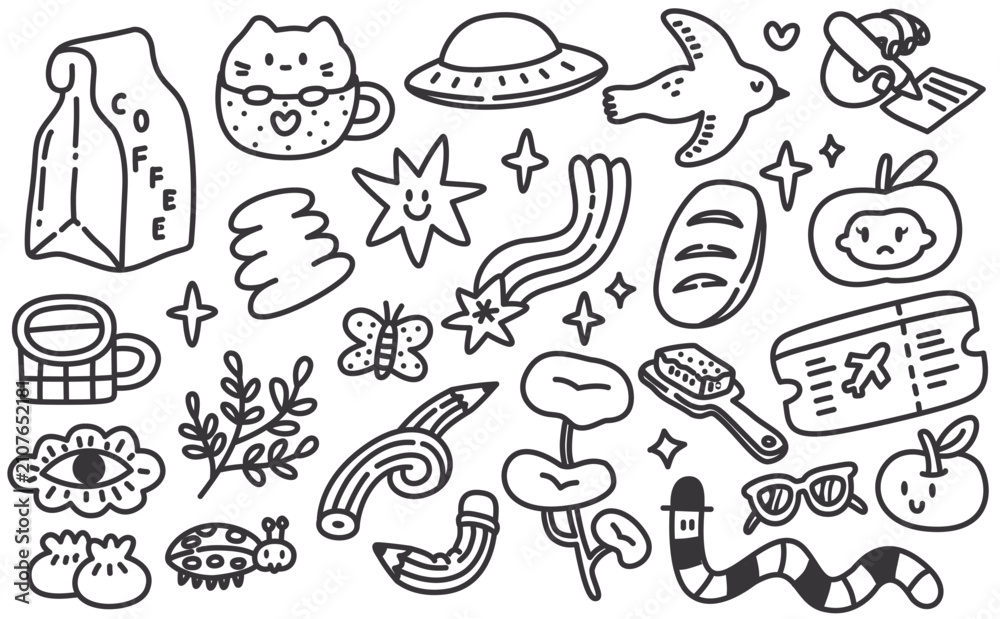 Fototapeta premium Trendy Retro Y2K Doodle Sticker Set, Hand Drawn Cartoon Elements and Pop Art Clipart Vector