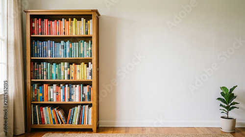 Wooden bookshelf filled with colorful books for back to school student study time featuring white wall copy space for advertising