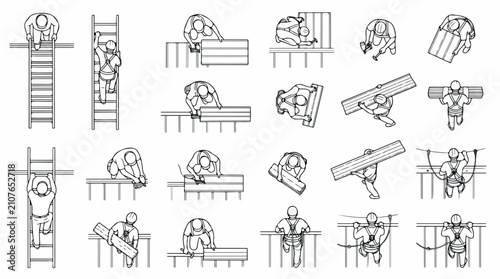 Construction worker top view icons, industrial builder character set in thin line style, professional contractor vector symbols for site planning isolated PNG with Transparent Background