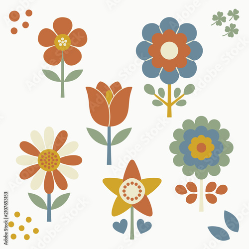 Scandinavian Folk Flower Vector Set – Minimal Flat Floral Icons with Earthy Colours