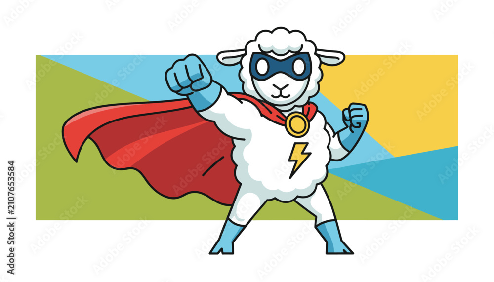Obraz premium Brave white sheep dressed as a superhero with a red cape, blue mask, and lightning bolt symbol flexing its muscles.