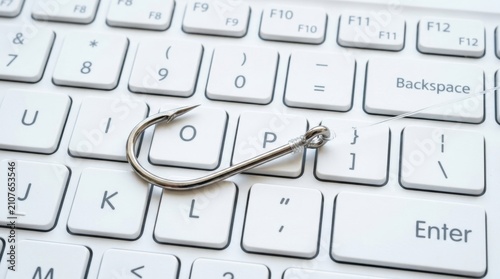 Silver fishing hook on white keyboard representing phishing and cybercrime, depicting internet security risks and identity theft hazards for online safety and financial fraud prevention concepts today