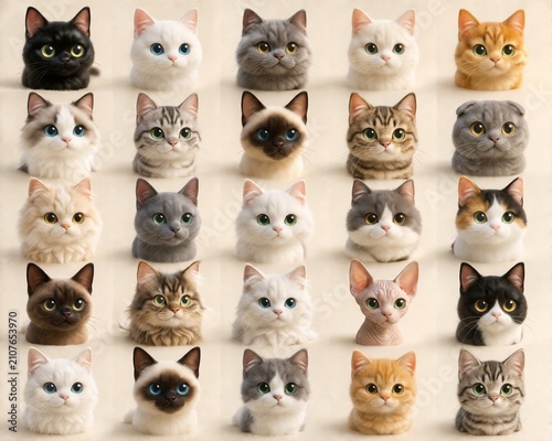 Collection of Cute White 3D Cartoon Cat Faces with Different Expressions and Breeds