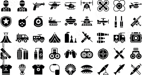 Canvas Print Military army and battlefield black glyph vector icon set isolated on white back
