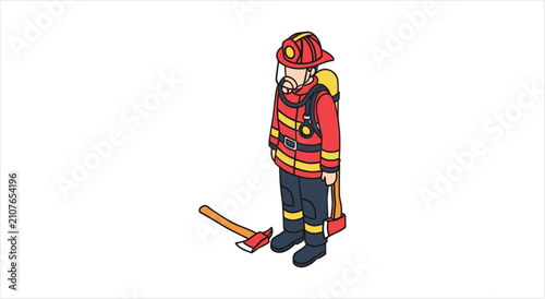 Canvas Print Isometric illustration of a firefighter in uniform with equipment