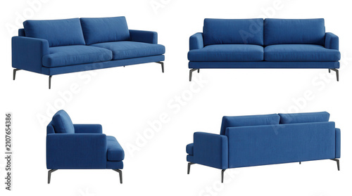 Set of four blue fabric sofas with modern metal legs shown from different angles for interior design projects isolated on transparent background