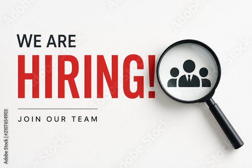 A graphic advertising job openings with a magnifying glass over people icons on a white background.