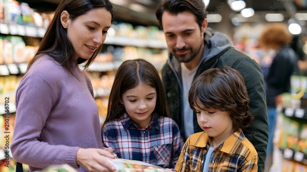 Obraz premium A family of four looking at a product package together while shopping in a well lit grocery store aisle