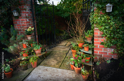 Potted spring flowers and terracotta pots on stands framing an open wrought iron gate in a cozy backyard garden, Vancouver, British Columbia, Canada.