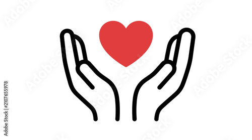 Caring hands holding red heart symbol in minimalist vector illustration style for charity and healthcare branding