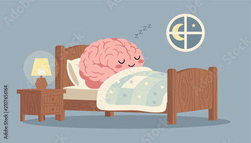 Happy pink cartoon brain sleeps soundly in a cozy bed with a star patterned blanket under the moonlight in its room.